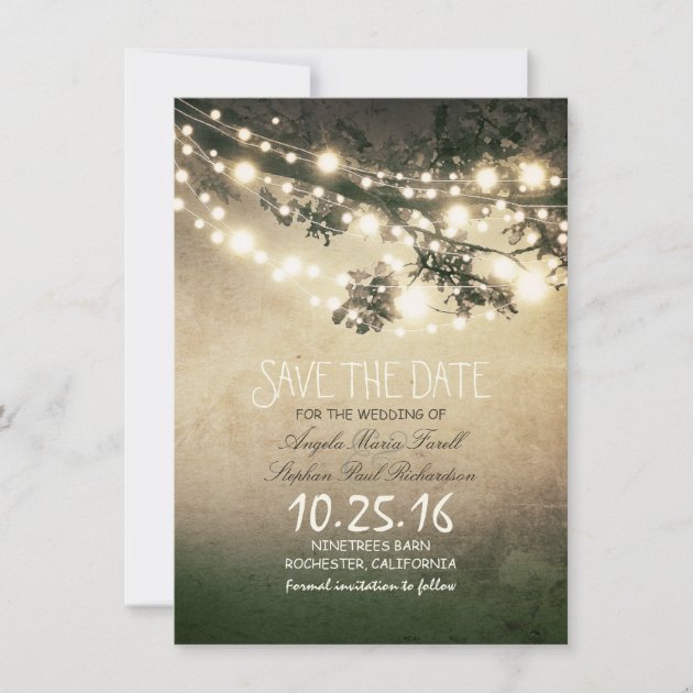 Rustic tree branches & string lights save the date (front side)
