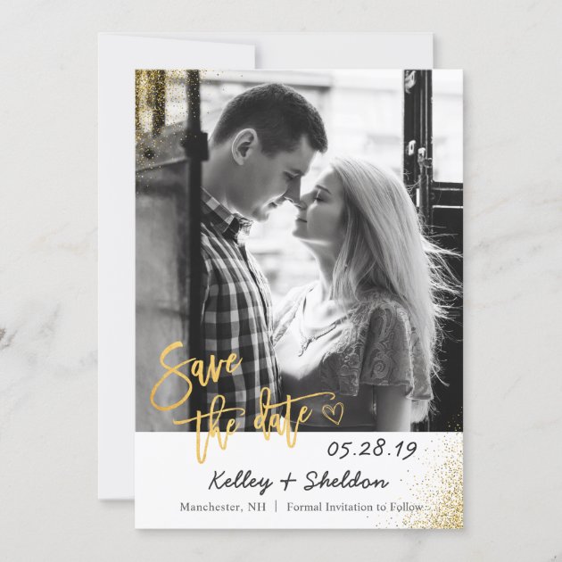 Modern White & Gold Wedding Save The Date Photo (front side)