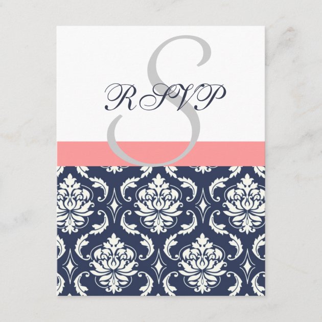 Navy Blue Damask Wedding RSVP Cards Coral