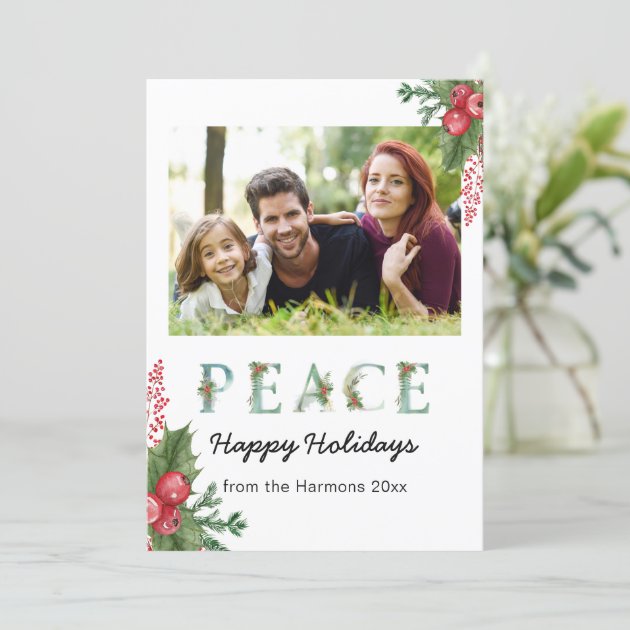Watercolor Holly Berries Peace Christmas Photo Holiday Card