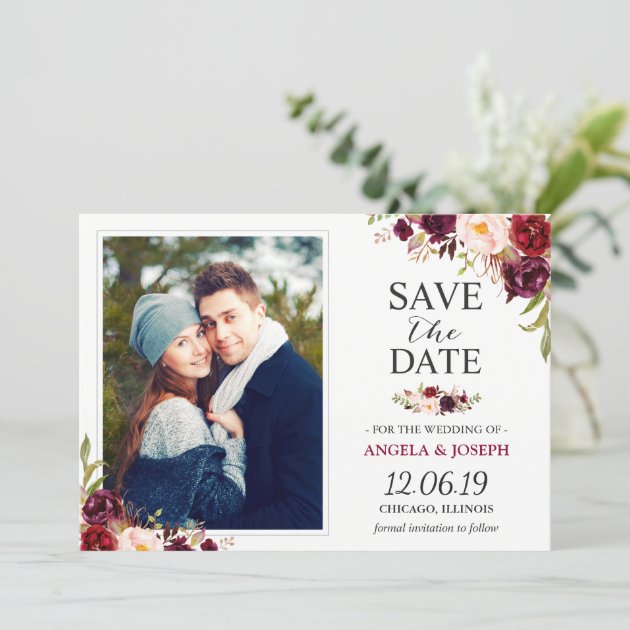 Rustic Burgundy Blush Floral Save The Date Photo
