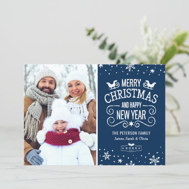 Winter Snowflakes Navy Blue Merry Christmas Photo Holiday Card (front side)