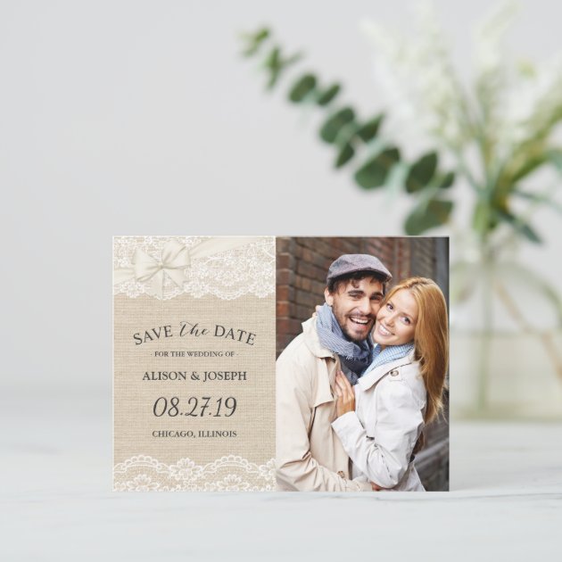 Rustic Chic Ivory Burlap Lace Save The Date Photo Announcement Postcard