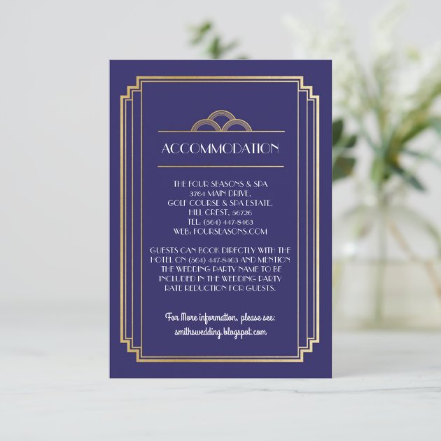 Art Deco Navy Accommodation Wedding Cards Details