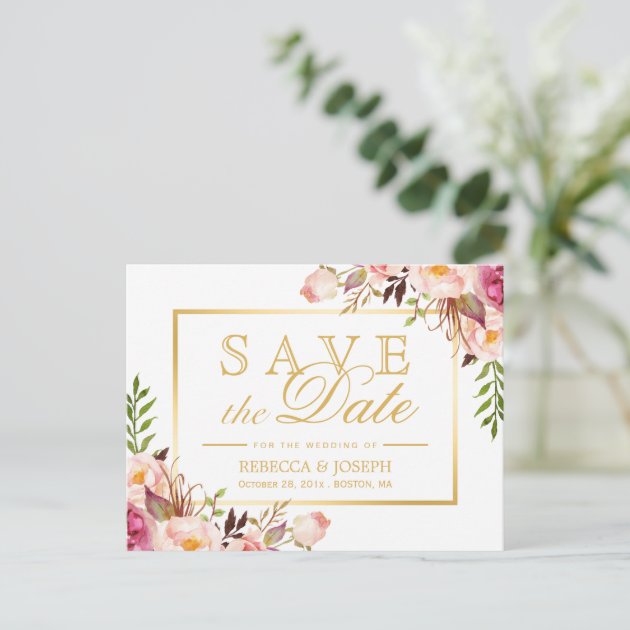 Save The Date Elegant Chic Pink Floral Gold Frame Announcement Postcard