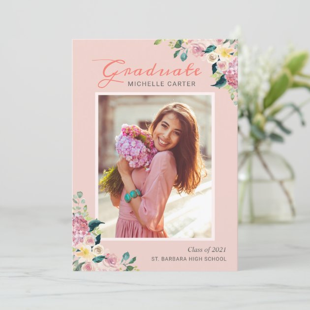 Pastel Chic Floral Blushing Girl Photo Graduation Announcement