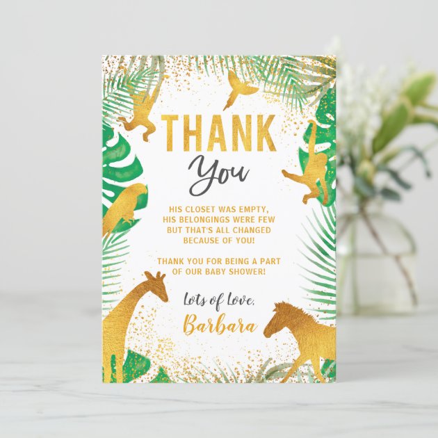 Gold Jungle Animals Baby Shower Thank You Card