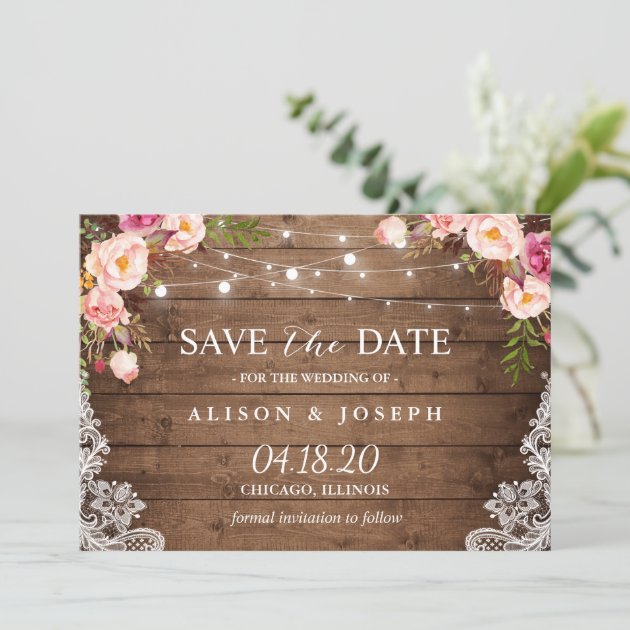 Rustic Pink Floral Lace String Light Save The Date