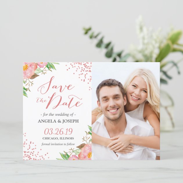 Romantic Pink Floral Confetti Photo Save The Date
