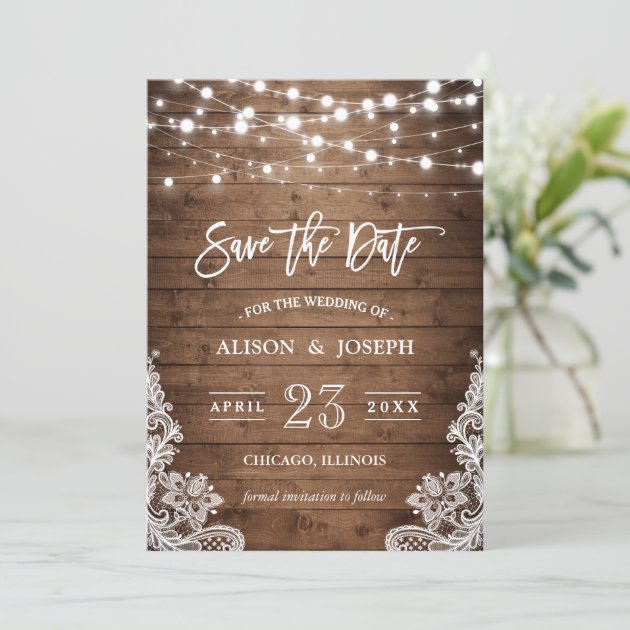 Save The Date - Twinkle Lights Rustic Wood Lace