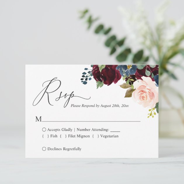 Simple Classy Burgundy Navy Blush Floral RSVP Card