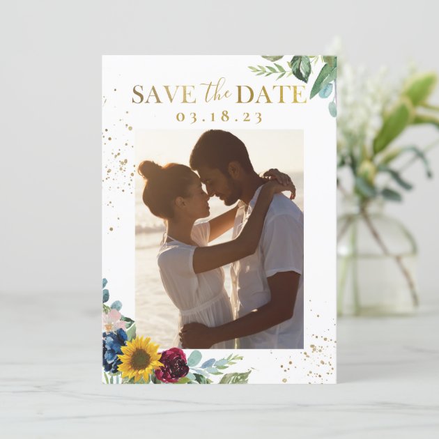 Sunflower Floral Gold Glitter Photo Save The Date
