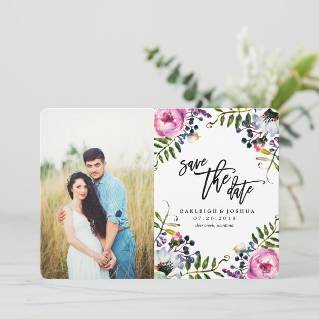 Watercolor Pretty Flowers Save The Date With Photo