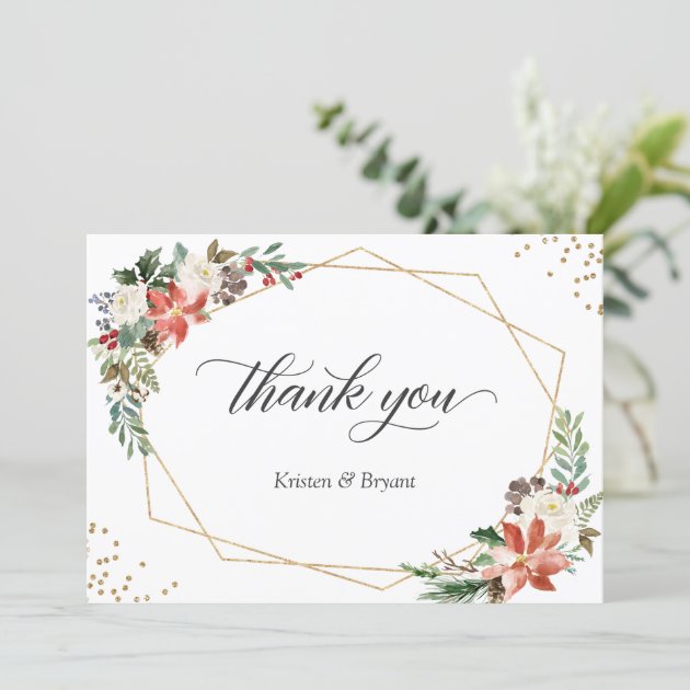 Red Poinsettia Floral Winter Christmas Wedding Thank You Card
