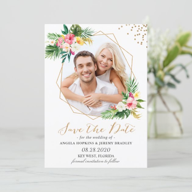Tropical Flowers Gold Glitters Photo Save The Date