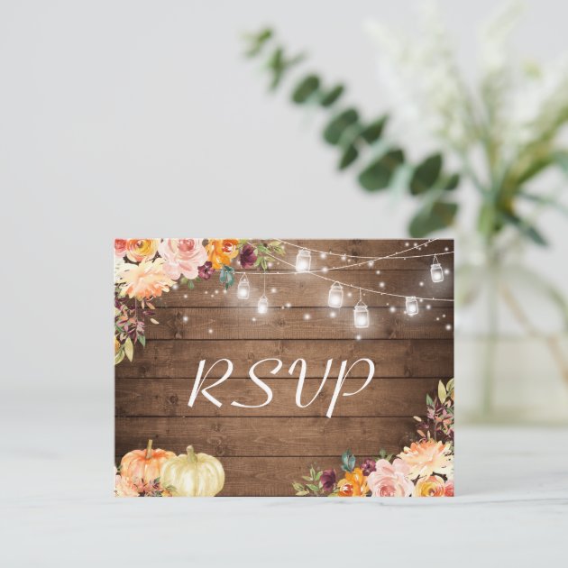 Autumn Floral Mason Jar Lights Rustic Wedding RSVP Invitation Postcard