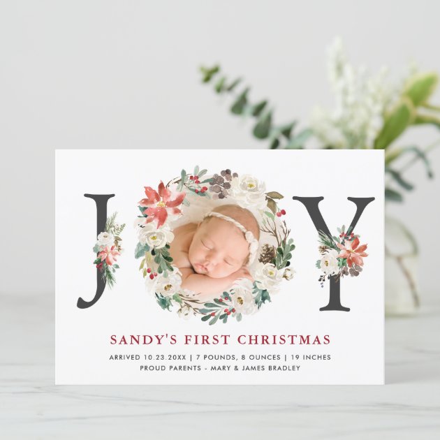 Baby First Christmas Poinsettia Ivory Floral Photo Holiday Card