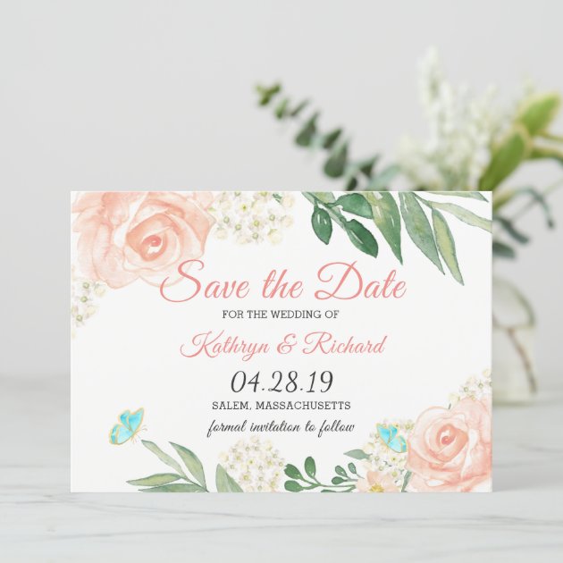 Spring Blush Peach Floral Watercolor Save The Date