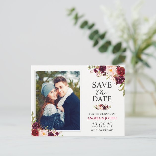 Burgundy Red Floral Chic Save The Date Photo Announcement Postcard