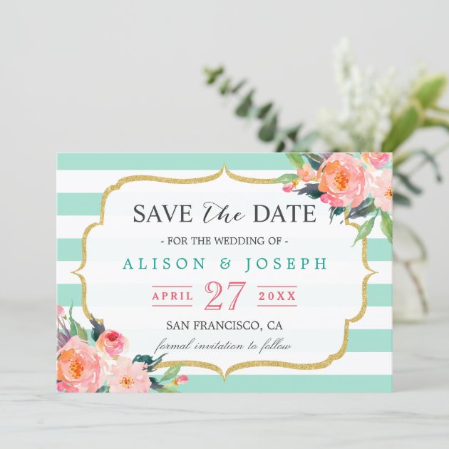 Save The Date | Classy Mint Green Stripes Floral