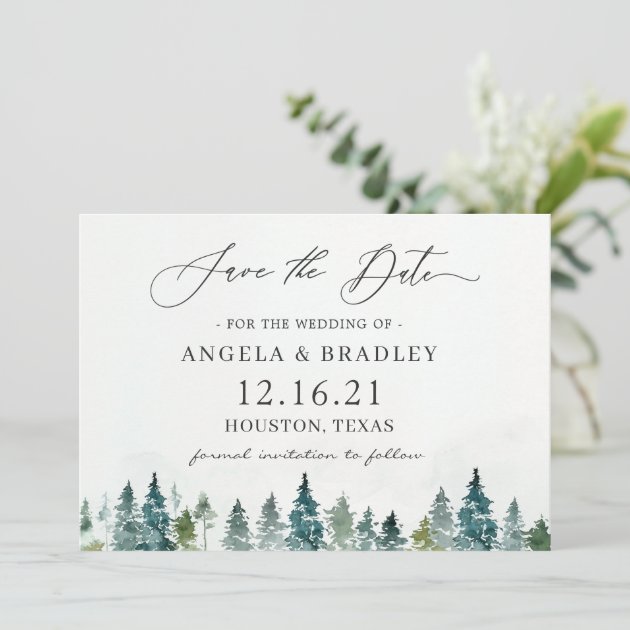 Winter Forest Pine Trees Elegant Wedding Save The Date