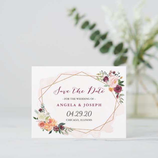 Modern Gold Frame Watercolor Floral Save The Date Announcement Postcard