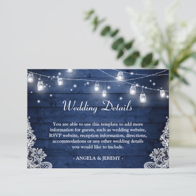 Dark Indigo Mason Jar Lights Lace Wedding Details Enclosure Card
