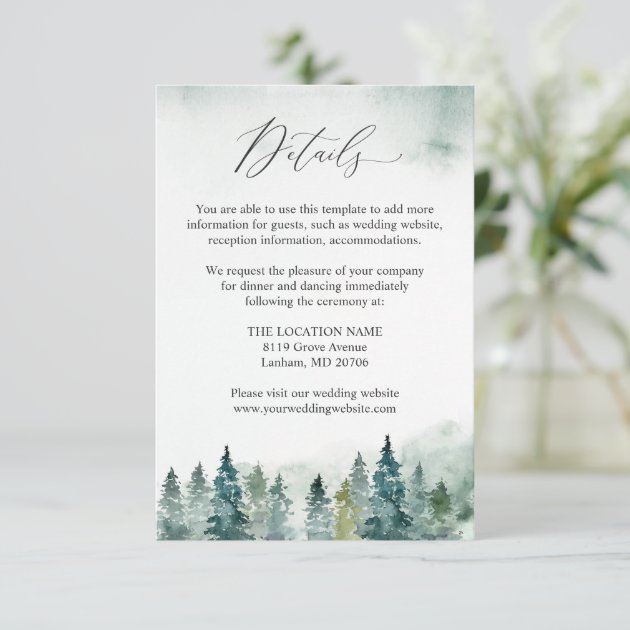 Winter Forest Pine Trees Wedding Reception Details Enclosure Card