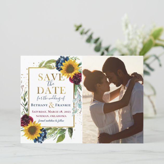 Sunflower Burgundy Blue Floral Photo Save The Date