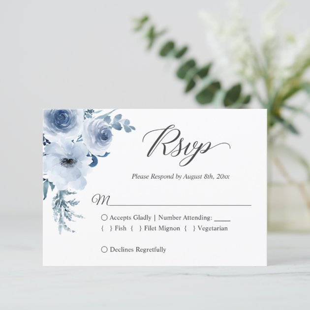 Dusty Blue Botanical Floral Wedding RSVP Card