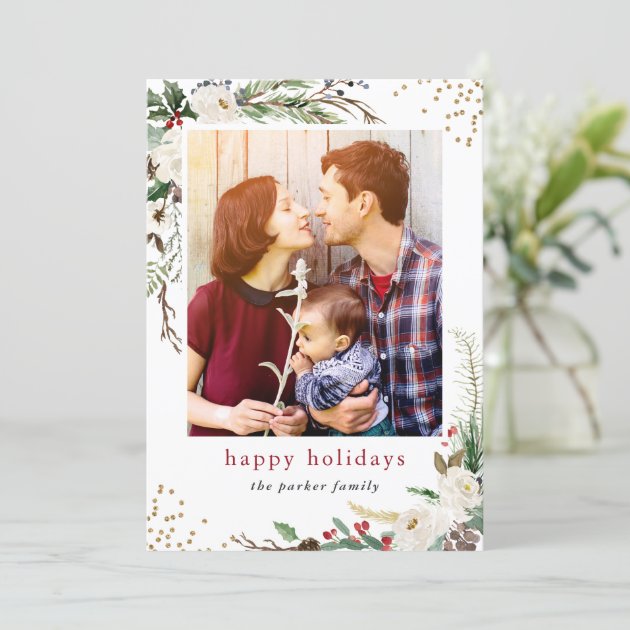 Winter Botanical Greenery Ivory Floral Christmas Holiday Card (front side)