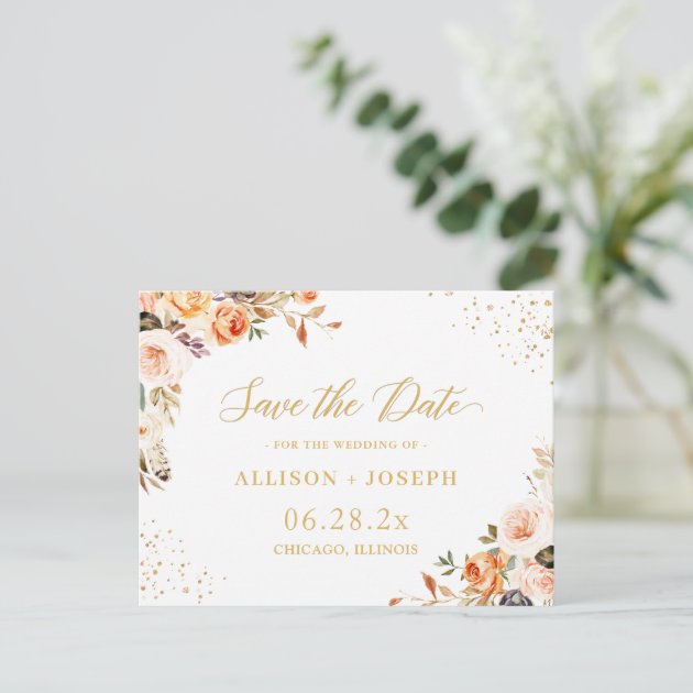 Gold Glitters Autumn Floral Wedding Save the Date Invitation Postcard