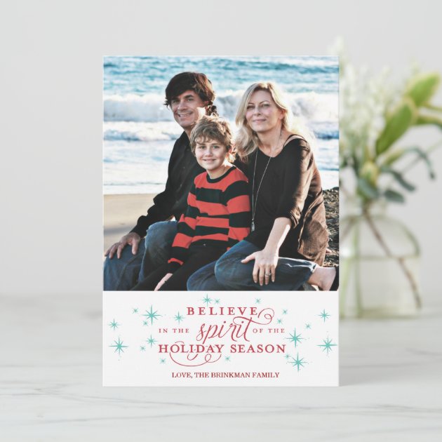 Twinkle Red Script & Blue Stars Holiday Photo Card