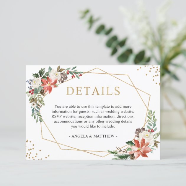 Red Poinsettia Floral Winter Wedding Details Enclosure Card