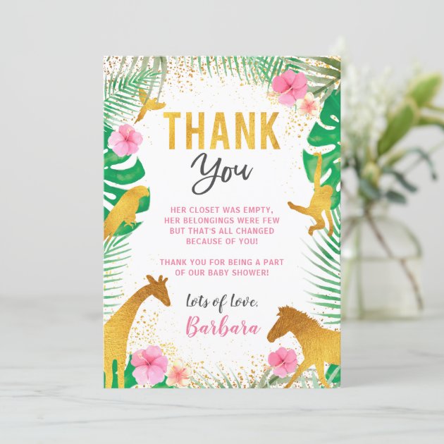 Pink Jungle Animals Baby Shower Thank You Card
