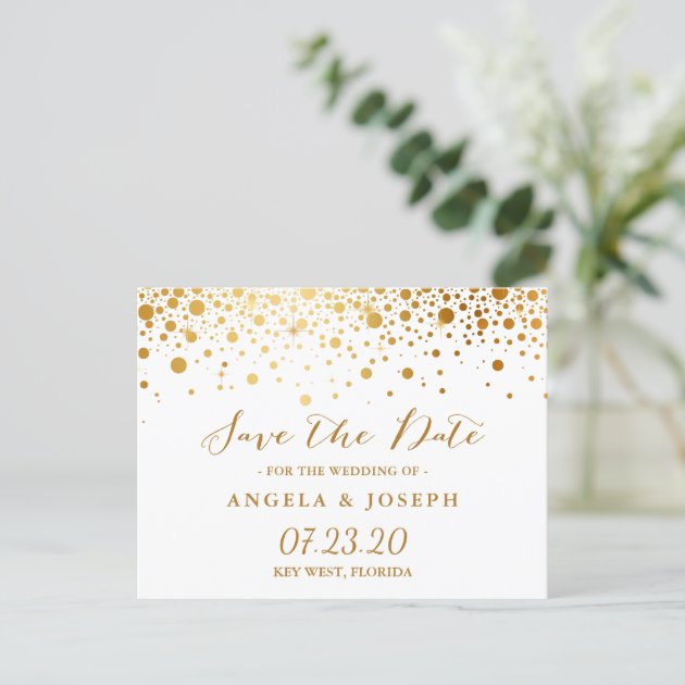 Faux Gold Foil Confetti Dots Elegant Save The Date Announcement Postcard
