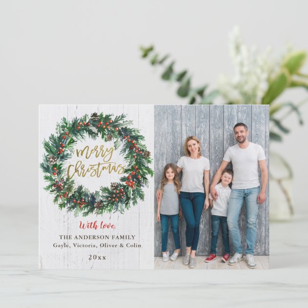 Rustic Wreath Gold Merry Christmas 2 Photo Holiday Card