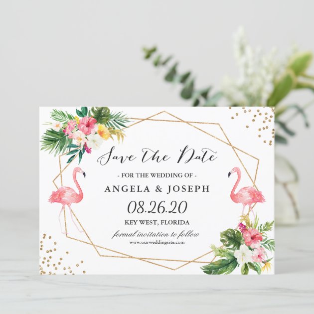 Tropical Floral Leaves Flamingos Save The Date