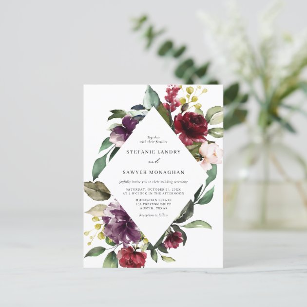 Red and Purple Watercolor Floral Frame Wedding Invitation Postcard