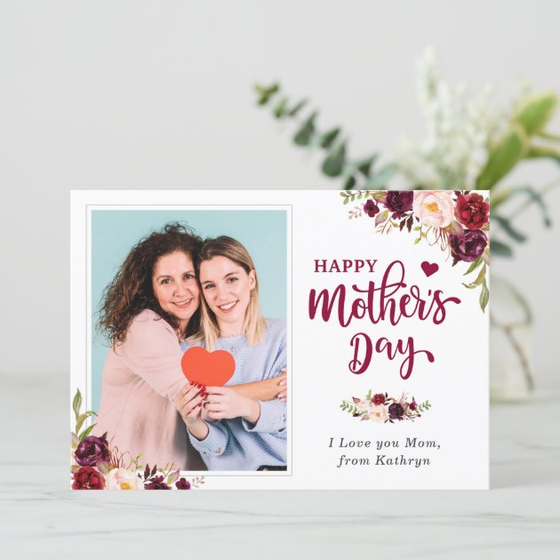 Happy Mother's Day Burgundy Red Floral Photo Flat Card