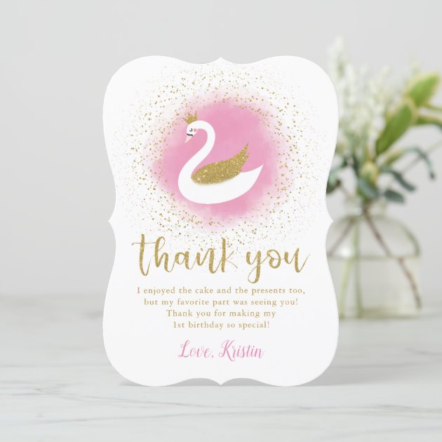 Pink Gold Swan Princess Birthday Thank You Card