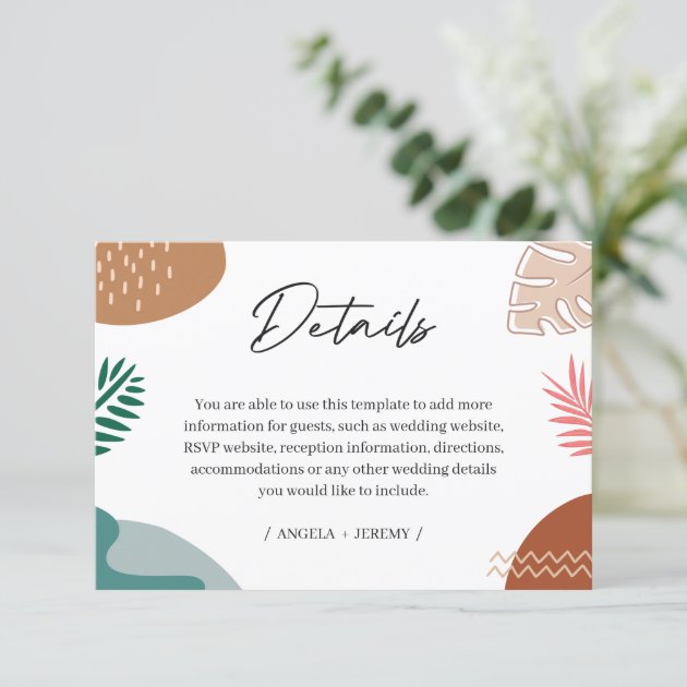 Modern Abstract Tropical Leaves Wedding Details Enclosure Card