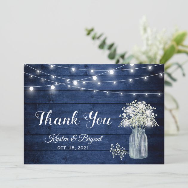 Baby's Breath String Lights Navy Blue Wood Wedding Thank You Card