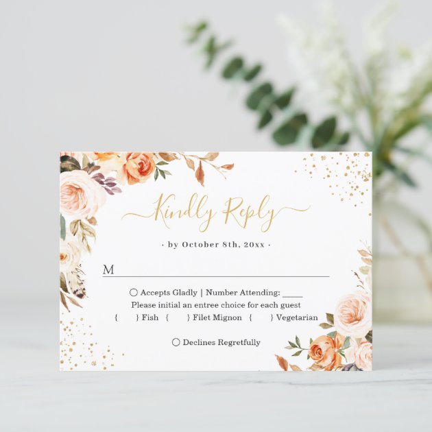 Gold Confetti Autumn Floral Leaves Wedding RSVP Card