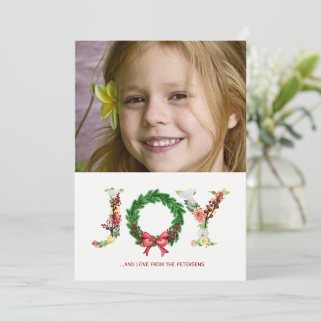 Simple Floral Christmas Wreath Joy Script Photo Holiday Card