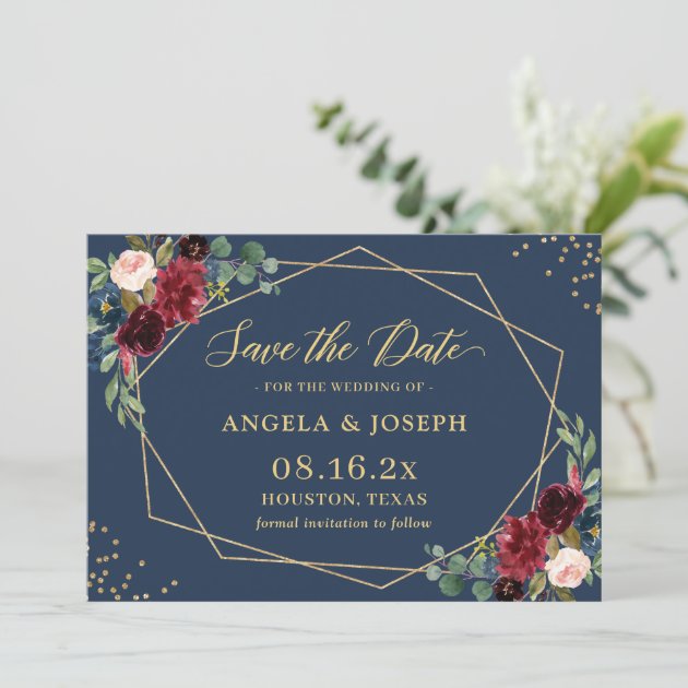 Navy Blue Burgundy Floral Gold Geometric Wedding Save The Date
