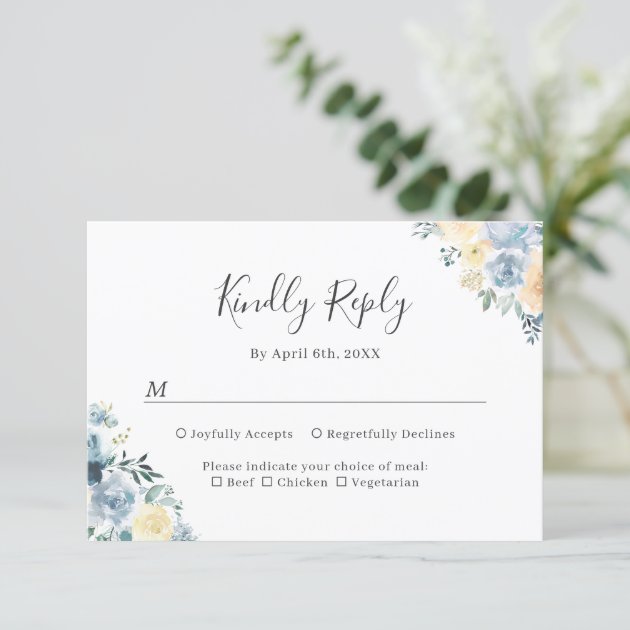 Vanilla Blue Floral Spring and Summer Wedding RSVP Card