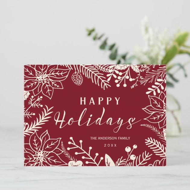 HAPPY HOLIDAYS BOTANICAL RED AND WHITE PHOTO CARD