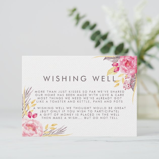 Pink Peony Watercolor Floral Wishing Well Wedding Enclosure Card