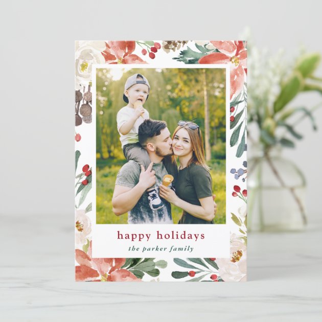Modern Poinsettia Floral Frame Photo and Wording Holiday Card